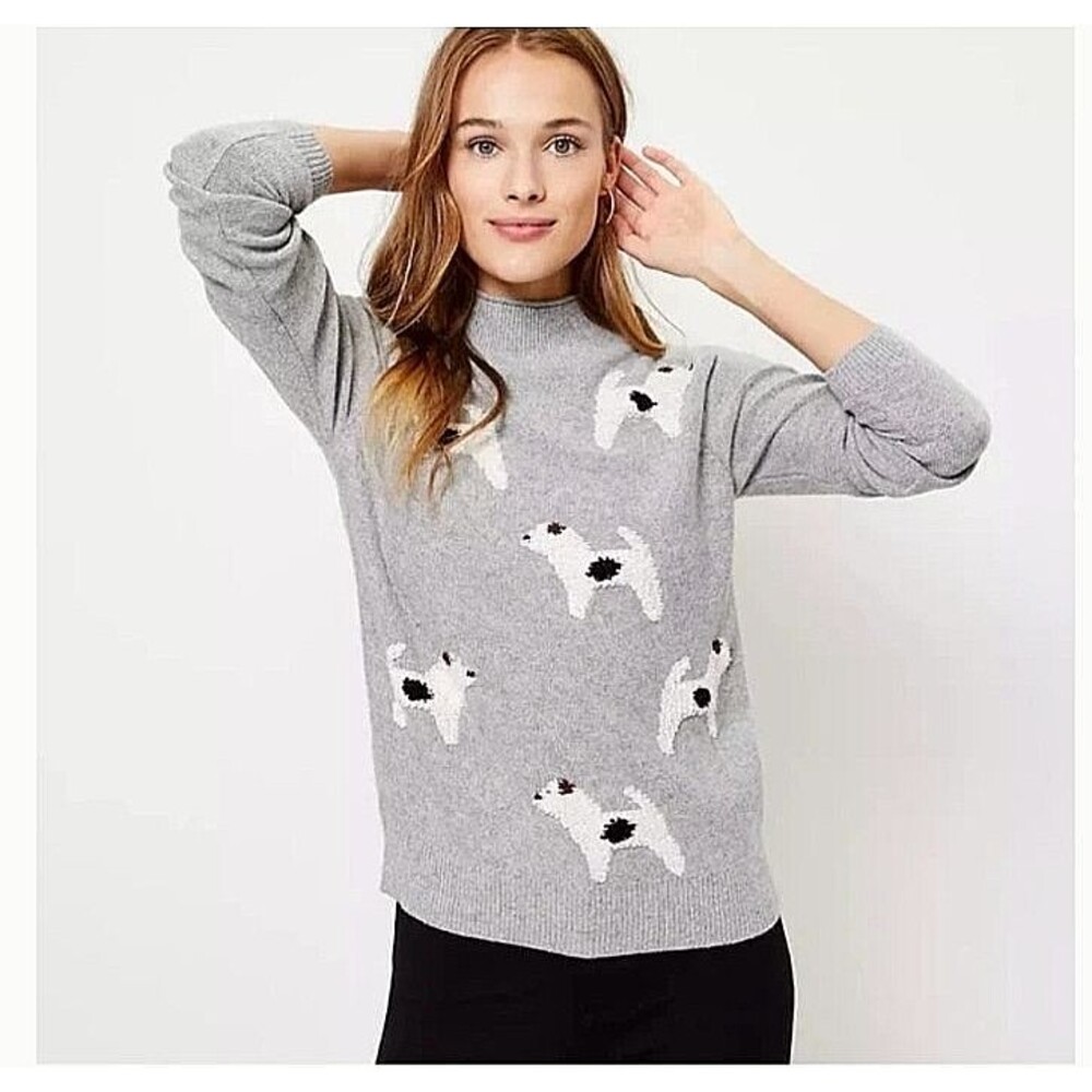 Loft Dog Print Sweater Small Gray Wool Cotton Blend Textured Knit Puff Shoulder